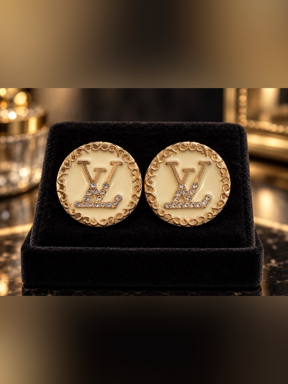 Gold & Ivory Enamel Rhinestone LV Logo Round Stud Earrings